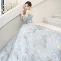 Blue Floral Tulle Floral Long Prom Dress, Beautiful A-line Party Dress - Thumbnail 2