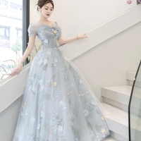 Blue Floral Tulle Floral Long Prom Dress, Beautiful A-line Party Dress - Thumbnail 3