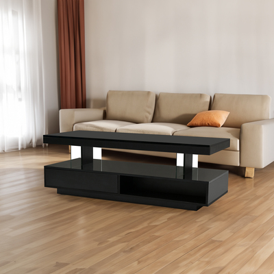 U-can led coffee table with storage – modern black center table with 2 drawers, display shelves & 16-color lights