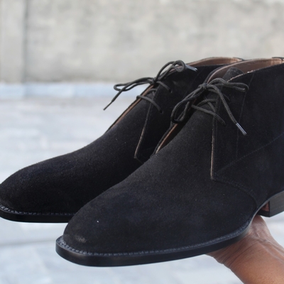 Handmade men black suede leather chukka lace up dress boot