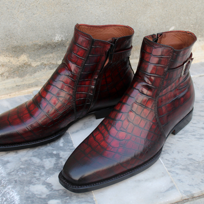 Handmade men brown patina crocodile leather jodhpur strap zipper boot - Thumbnail 4