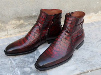 Handmade Men Brown Patina Crocodile Leather Jodhpur Strap Zipper Boot