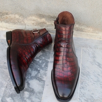 Handmade Men Brown Patina Crocodile Leather Jodhpur Strap Zipper Boot - Thumbnail 2