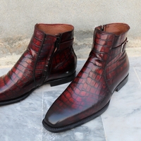 Handmade Men Brown Patina Crocodile Leather Jodhpur Strap Zipper Boot - Thumbnail 3