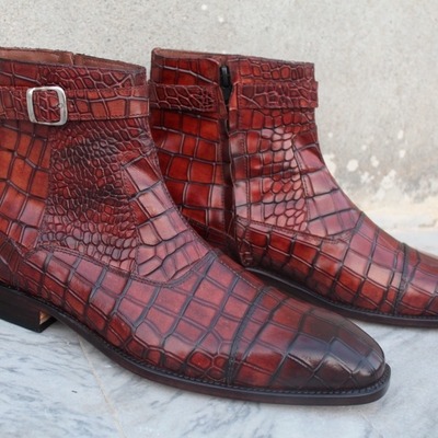 Handmade men brown patina crocodile leather jodhpur strap zipper ankle high boot