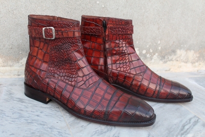 Handmade Men Brown Patina Crocodile Leather Jodhpur Strap Zipper Ankle High Boot