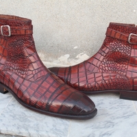 Handmade Men Brown Patina Crocodile Leather Jodhpur Strap Zipper Ankle High Boot - Thumbnail 1