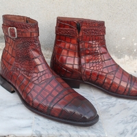 Handmade Men Brown Patina Crocodile Leather Jodhpur Strap Zipper Ankle High Boot - Thumbnail 2
