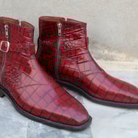 Handmade Men Red Crocodile Leather Jodhpur Strap Zipper Dress Boot - Thumbnail 1