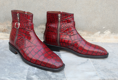 Handmade Men Red Crocodile Leather Jodhpur Strap Zipper Dress Boot