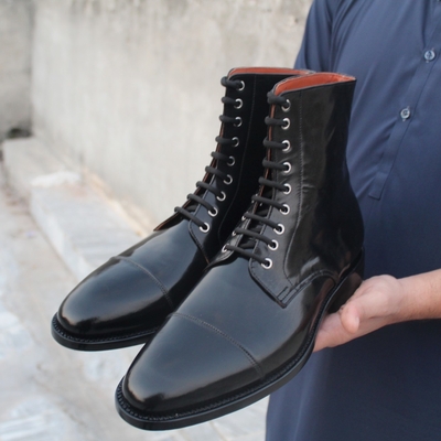 Handmade men black calf leathe ankle high lace up oxford dress boot