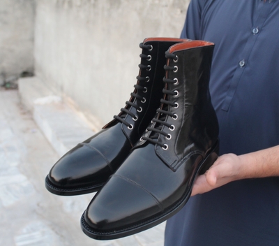 Handmade Men Black Calf Leathe Ankle High Lace up Oxford Dress Boot