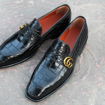 Handmade men black crocodile/alligator leather moccasin loafers dress shoes - Thumbnail 1