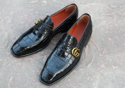 Handmade Men Black Crocodile/Alligator Leather Moccasin Loafers Dress Shoes