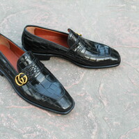 Handmade Men Black Crocodile/Alligator Leather Moccasin Loafers Dress Shoes - Thumbnail 1