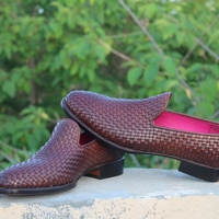 Crafted Leather Men Classic Brown Woven Leather Loafers Dress Shoes - Thumbnail 1