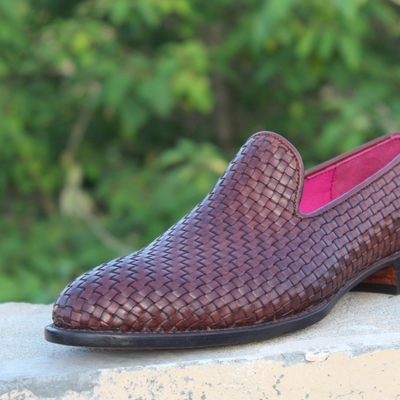 Crafted leather men classic brown woven leather loafers dress shoes - Thumbnail 4