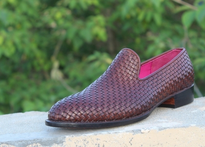 Crafted Leather Men Classic Brown Woven Leather Loafers Dress Shoes