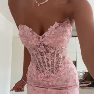 Mermaid sweetheart pink tulle long prom dress with lace