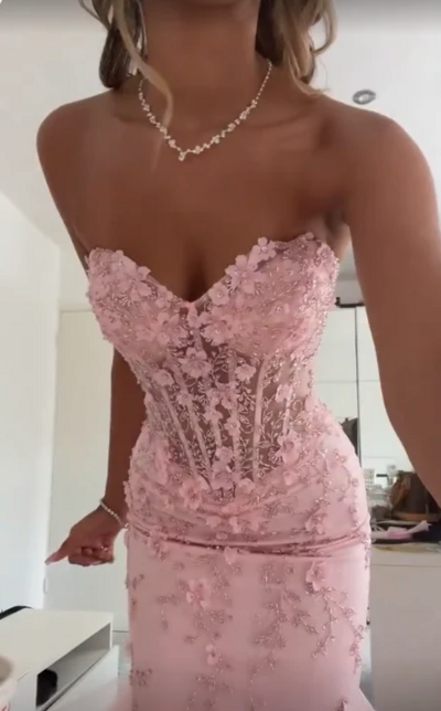 Mermaid Sweetheart Pink Tulle Long Prom Dress With Lace