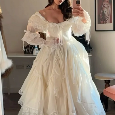 Off shoulder a line long sleeves vintage wedding dresses 