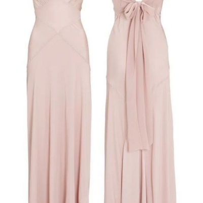 Elegant pink chiffon v back long prom dresses