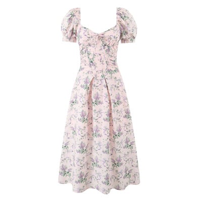 Retro style romantic pink print square neck puff sleeve midi dress