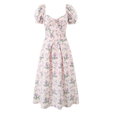 Retro style romantic pink print square neck puff sleeve midi dress