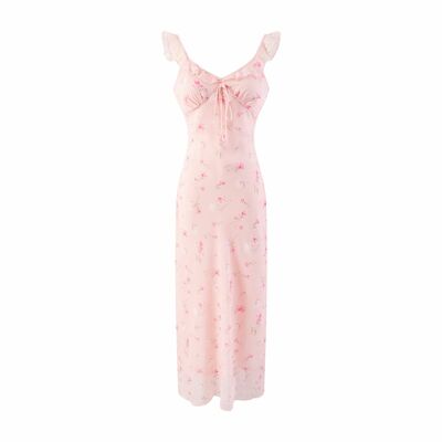 Romantic Pink Printed V-Neck Slim Dress