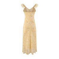 Romantic YELLOW Printed V-Neck Slim Dress - Thumbnail 1