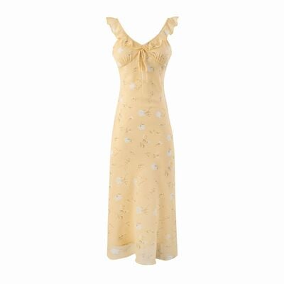 Romantic yellow printed v-neck slim dress