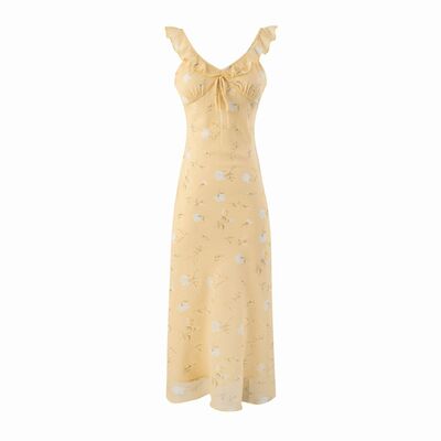 Romantic YELLOW Printed V-Neck Slim Dress