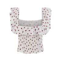 Retro style ruffled sexy square collar exposed collarbone strawberry print shirt - Thumbnail 2