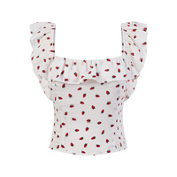 Retro style ruffled sexy square collar exposed collarbone strawberry print shirt - Thumbnail 1