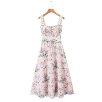 Retro style small fresh cotton printed lace stitching mid-length dress - Thumbnail 1