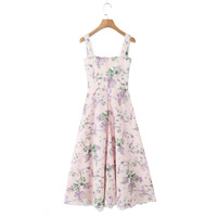 Retro style small fresh cotton printed lace stitching mid-length dress - Thumbnail 2