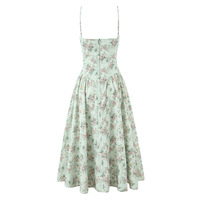 Green floral print square neck three-dimensional steel ring waist pleated suspender dress - Thumbnail 1