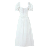 Soft white lace patchwork puff sleeve waisted midi dress - Thumbnail 1