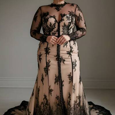 Plus size mermaid champagne and black lace wedding dress bridal gown wedding gown