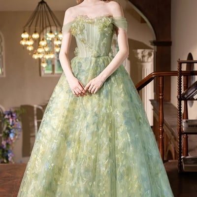 Green strapless tulle long a-line prom party dress