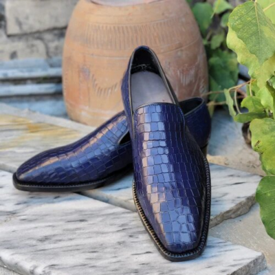 Handmade men blue crocodile leather alligator loafers dress shoes - Thumbnail 3