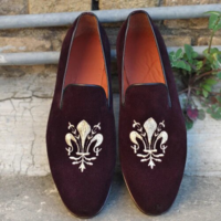 Crafted Leather Men Velvet Embroidery Slip On Moccasin Dress Formal Wear Shoes - Thumbnail 1