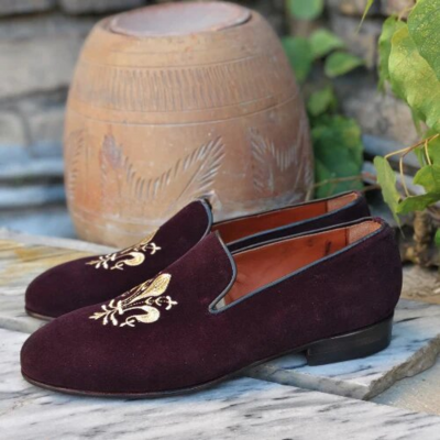 Crafted leather men velvet embroidery slip on moccasin dress formal wear shoes - Thumbnail 2