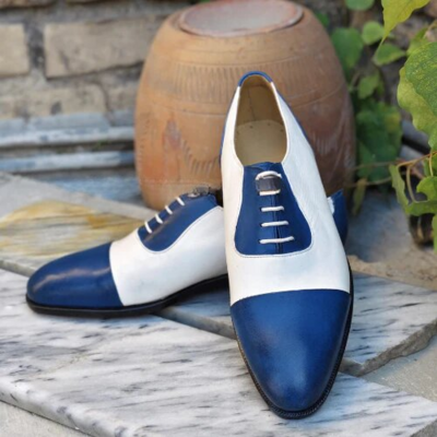 Crafted leather handmade men blue white leather oxford lace up dress shoes - Thumbnail 3