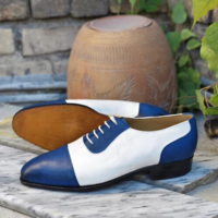 Crafted Leather Handmade Men Blue White Leather Oxford Lace up Dress Shoes - Thumbnail 1