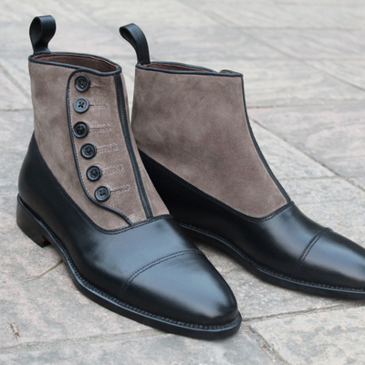 Crafted leather handmade men black calf gray suede leather button ankle dress boot - Thumbnail 4