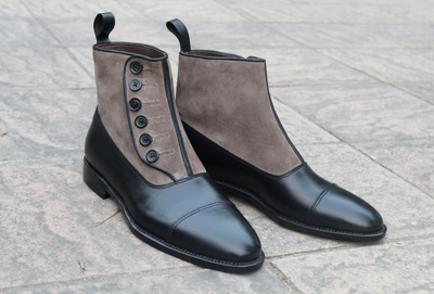 Crafted Leather Handmade Men Black Calf Gray Suede Leather Button Ankle Dress Boot