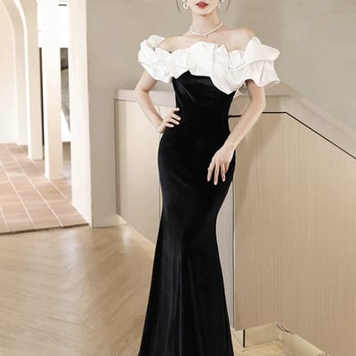 White and black velvet long mermaid prom party dress - Thumbnail 1