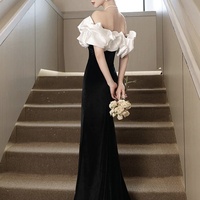 White and Black Velvet Long Mermaid Prom Party Dress - Thumbnail 1