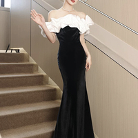 White and Black Velvet Long Mermaid Prom Party Dress - Thumbnail 2